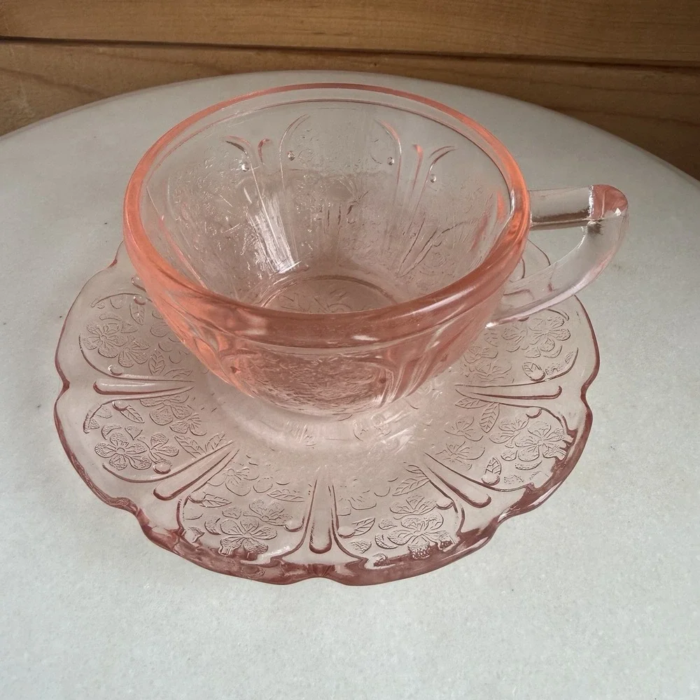 Vtg Jeannette Glass Co. Pink Cherry Blossom Cup/Saucer Set Depression Glass EUC